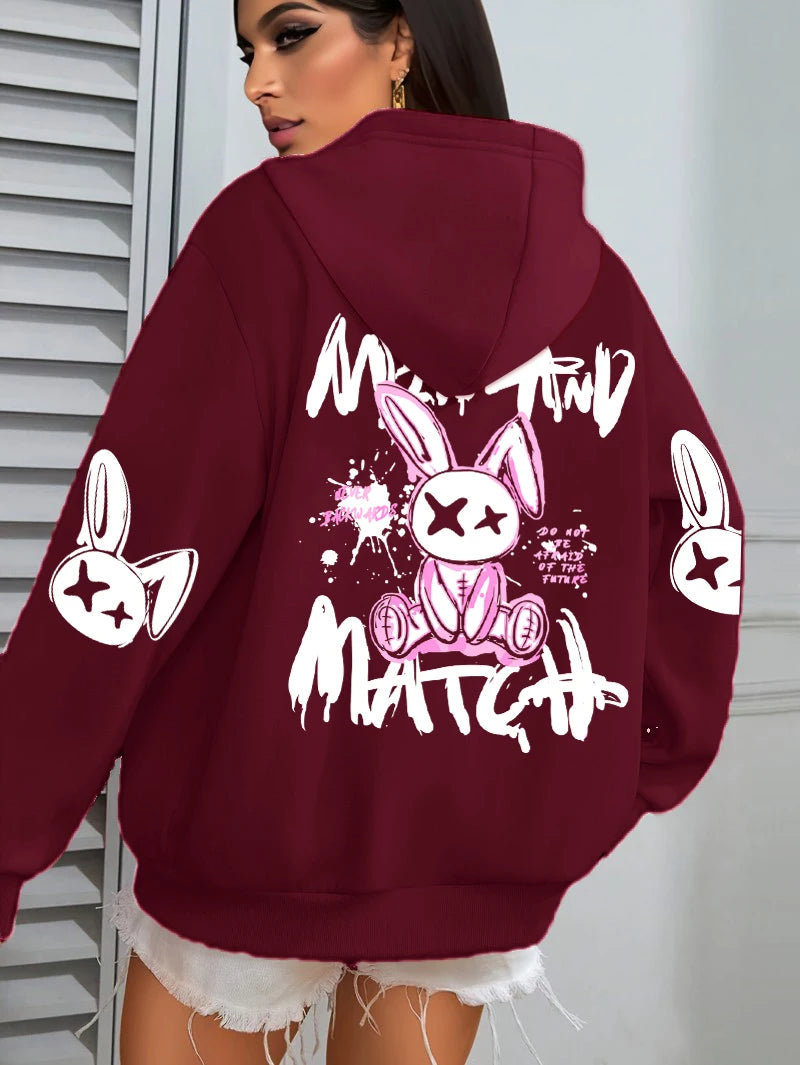 Mix And Match Cartoon Rabbit Prints Women Hoodie Pocket Streetwear Harajuku Loose Hoody All-Match Fleece Female Clothing - Matrix Studios