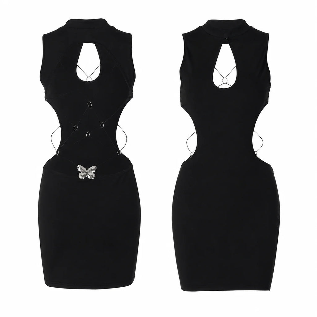 Women Bodycon Mini Dress High Neck Keyhole Cutout Sides Lace‑Up Back with Butterfly Charm Ruched Sleeveless Party Clubwear Nightout Dresses - Matrix-studios.com