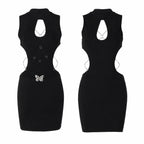 Women Bodycon Mini Dress High Neck Keyhole Cutout Sides Lace‑Up Back with Butterfly Charm Ruched Sleeveless Party Clubwear Nightout Dresses - Matrix-studios.com