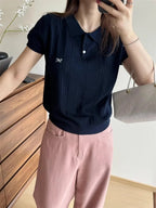 2026 Sweet Bow Embroidered Knitted Women Tops Summer New Korean Fashion Slim Polo Shirt Knitted Short Sleeve T-shirt - Matrix-studios.com