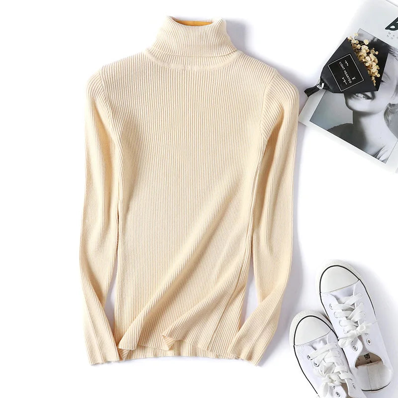 Casual Soft Polo-neck Jumper New Autumn Winter Women Knitted Turtleneck Sweater Fashion Slim Elasticity Solid Ribbed Pullovers - Matrix Studios