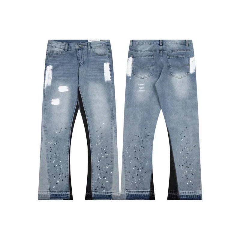 American retro washed letter spliced denim trousers high street trendy brand couple loose straight micro-flared long trousers - Matrix Studios