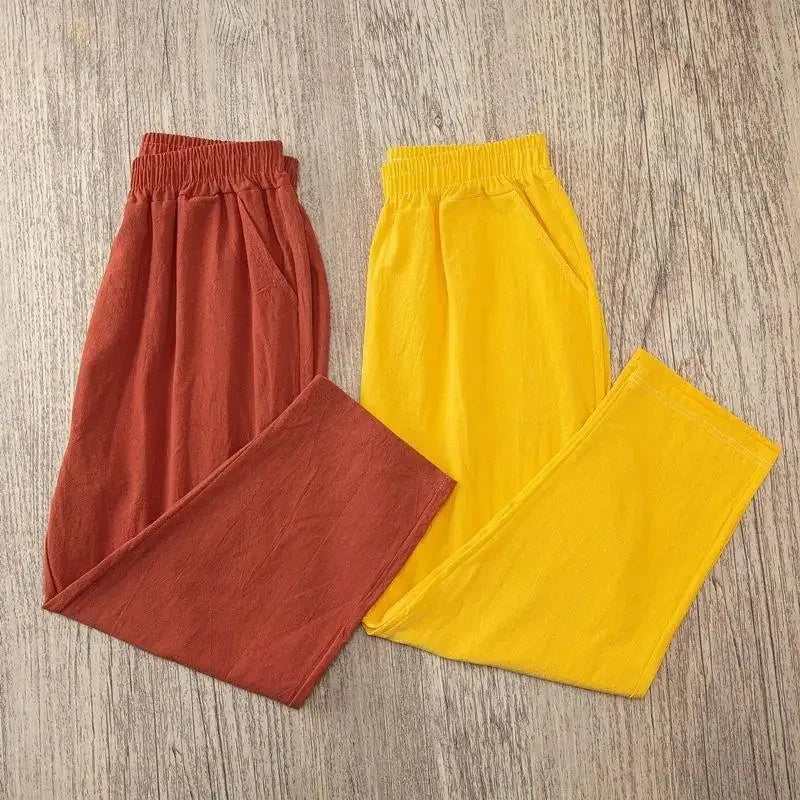 Women Summer Casual Loose Harem Elastic Waist Cotton Linen Pants Ninth Trousers - Matrix-studios.com