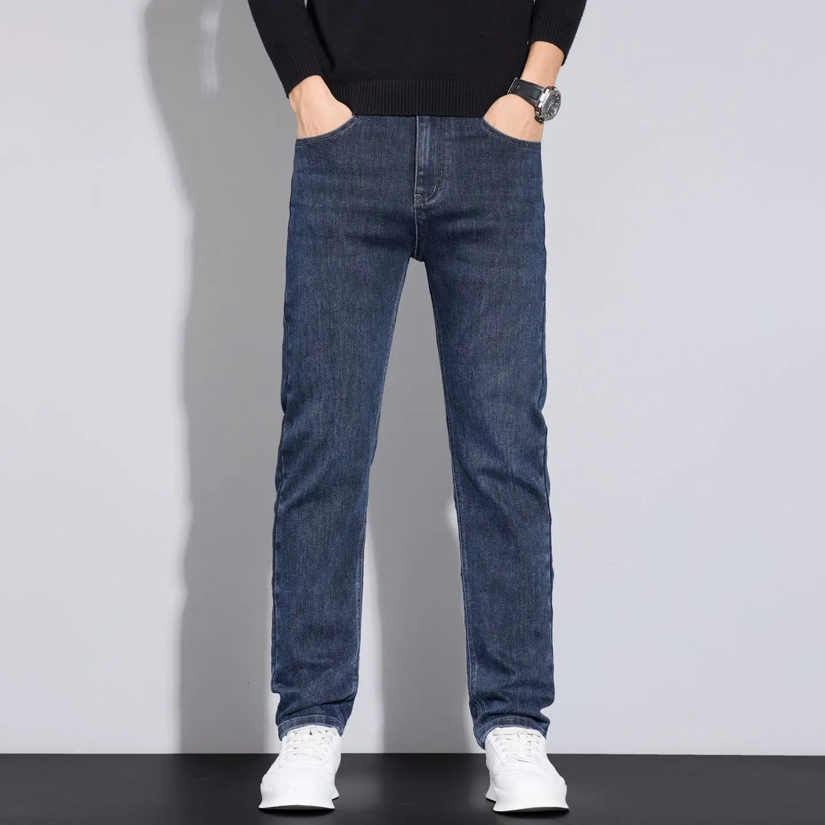 2025 men's fashion business jeans classic style casual elastic slim fit jeans men's denim pants black blue - Matrix Studios