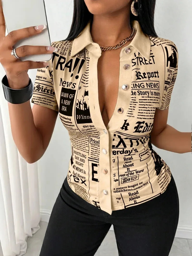 Women's Elegant Blouses Summer Fashion Newspaper Pattern Print Single Breasted Short Sleeve Women Shirt V-neck Casual Tops Shirt - Matrix-studios.com