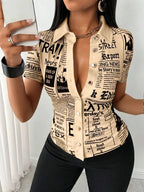 Women's Elegant Blouses Summer Fashion Newspaper Pattern Print Single Breasted Short Sleeve Women Shirt V-neck Casual Tops Shirt - Matrix-studios.com