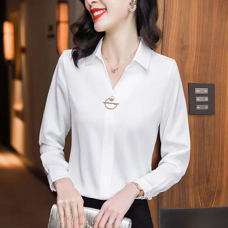 Elegant Women Chiffon Blouse 2025 New Temperament Turndown Collar Office Lady Shirt Streetwear Casual Solid Color Tops Clothing - Matrix-studios.com