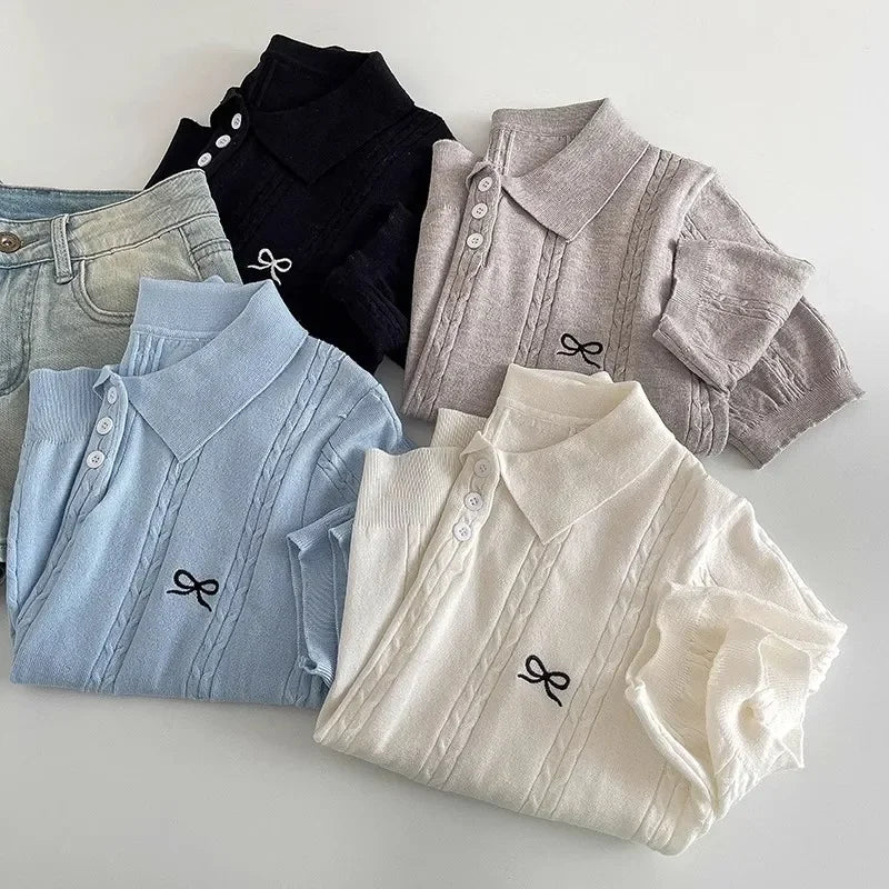 2026 Sweet Bow Embroidered Knitted Women Tops Summer New Korean Fashion Slim Polo Shirt Knitted Short Sleeve T-shirt - Matrix-studios.com