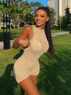 Sexy O-neck Sleeveless Jumpsuit Women Summer Beaded Mesh Rompers Skinny Elegent One Piece Apricot Fashion Hot Combinaison Femme - Matrix Studios