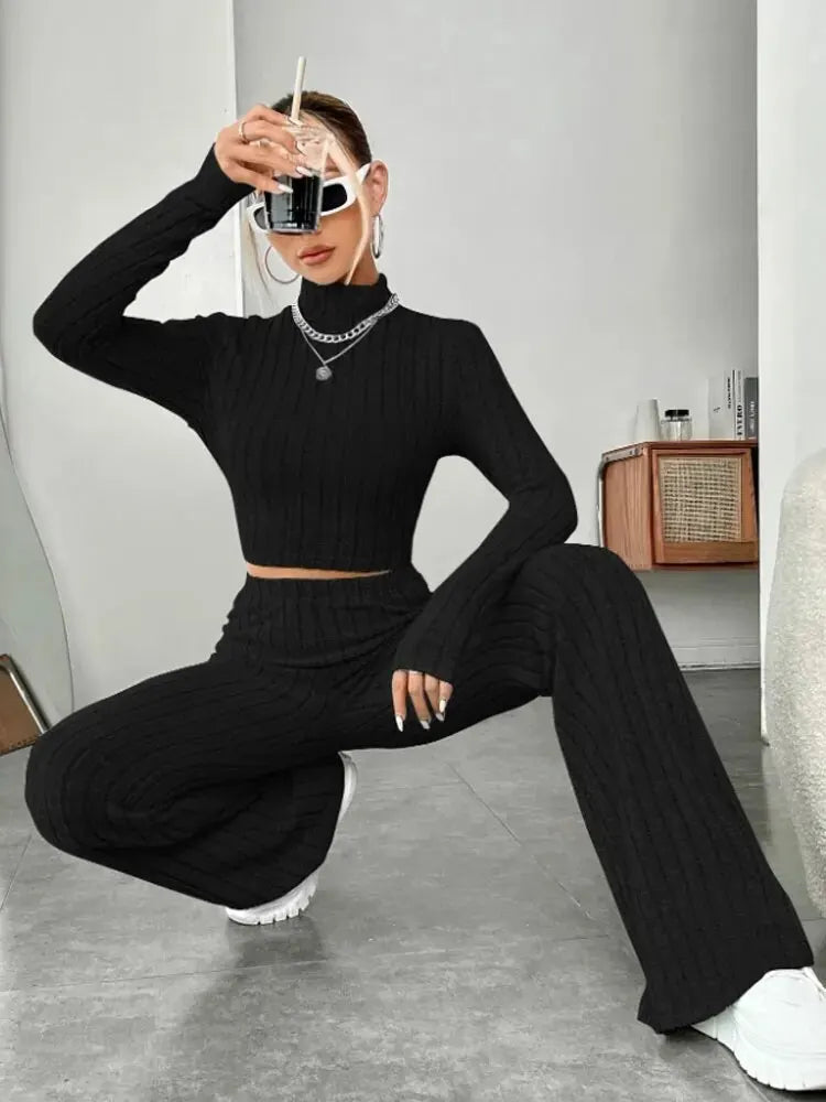 Stand Collar Navel T-shirt and Trumpet pants - Matrix-studios.com