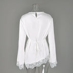 Linad Elegant White Lace Flare Sleeve Woman Blouse 2026 Vintage Satin Asymmetrical Shirts Female Casual O Neck Pullover Tops - Matrix-studios.com