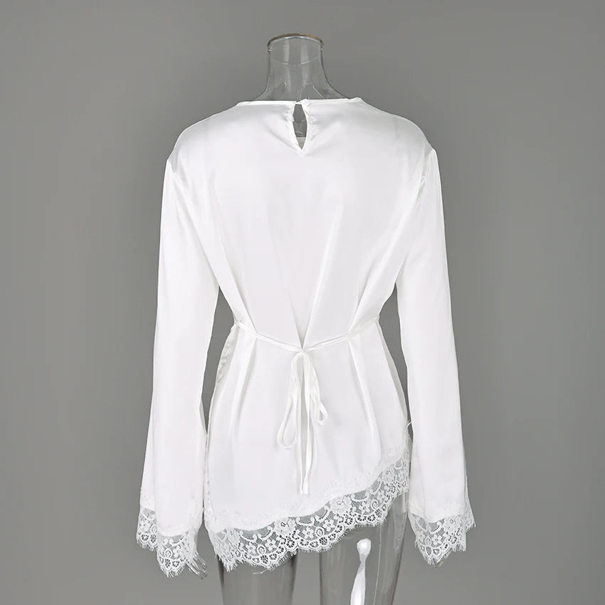 Linad Elegant White Lace Flare Sleeve Woman Blouse 2026 Vintage Satin Asymmetrical Shirts Female Casual O Neck Pullover Tops - Matrix-studios.com