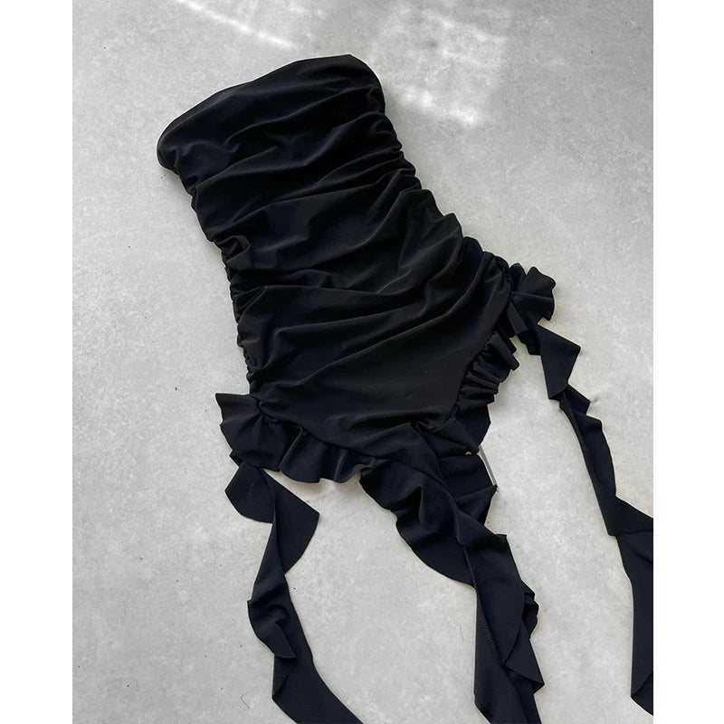 Women Strapless Sexy Floral Fold Hemline High Slit Mini Dress 2024 Solid Backless Sleeveless Black And Pink Party Dress Vestidos - Matrix-studios.com