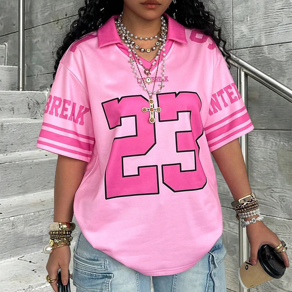 Summer Women's New No.8 Oversized Short sleeved T-shirt Street Y2K Fashion Leisure Sports Jersey Men Letter Printed Polo Shirt - Matrix-studios.com