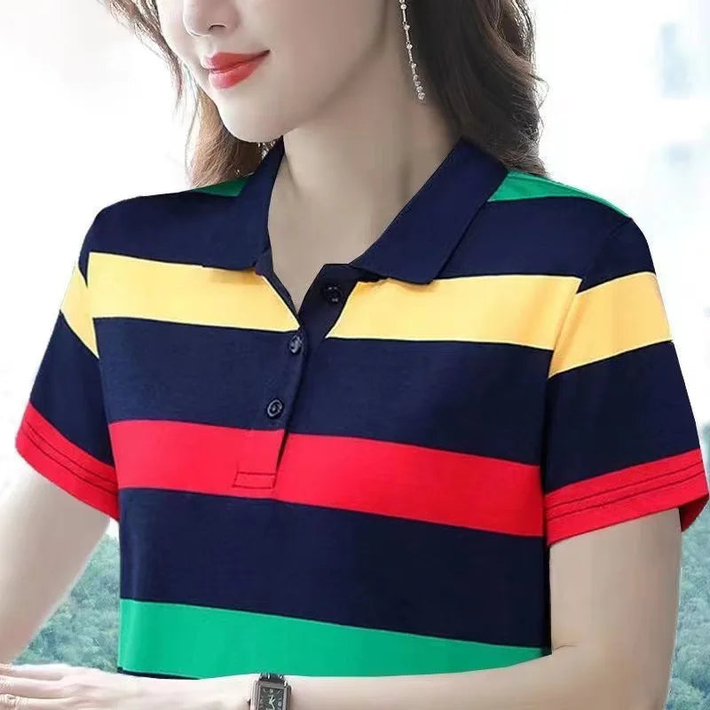 Women Summer Tops Strip Tees Sexy Vintage Short Sleeve 5XL Polo T Shirts Loose Casual Befree Boho Tees - Matrix-studios.com