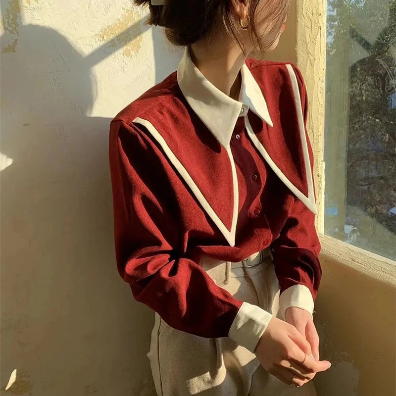 MEXZT Vintage Chiffon Shirts Women Elegant Patchwork Long Sleeve Blouses Office Lady Korean Black Turn Down Collar Casual Tops - Matrix-studios.com