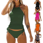 Women's Two Piece Suit Bathing Suit Solid Color Drawstring Side Halter Neck Tankini Set Black Bikinis Set Swimwears Beachwear - Matrix-studios.com