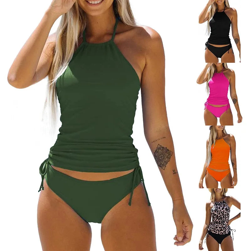 Women's Two Piece Suit Bathing Suit Solid Color Drawstring Side Halter Neck Tankini Set Black Bikinis Set Swimwears Beachwear - Matrix-studios.com