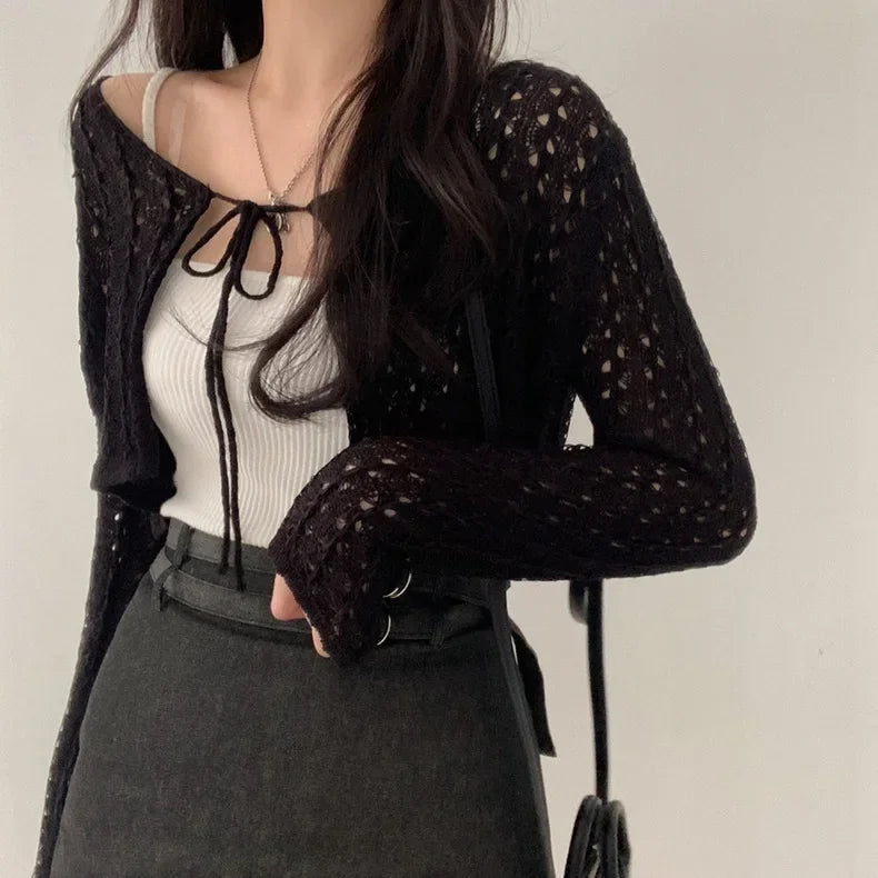 Pointelle Tie Front Crop Cardigan Women Open-stitch Knit Top Crochet Bolero Cover-up Spring Summer 2026 Y2K Grunge - Matrix Studios