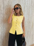 Summer New Arrival Elegant Knit Round Neck Waistcoat Women Leisure Fashion Single-breasted Sleeveless Vest Slim Fit Cardigan Top - Matrix Studios