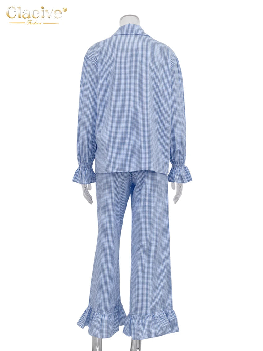 Clacive Fashion Loose Plaid Cotton Women's 3 Pieces Set 2025 Elegant Long Sleeve Shirt With High Wiast Wide Pants Set Female - Matrix-studios.com