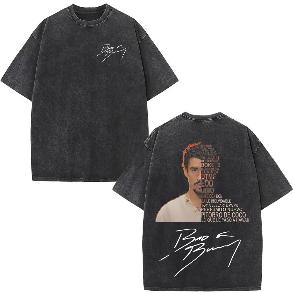 Rapper Bad Bunny Album Cover Print T-shirt Debi Tirar Mas Fotos DTMF Washed Vintage T Shirt Men Women Hip Hop Oversized T-shirts