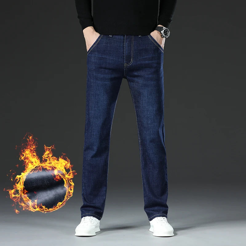 Winter Warm Fleece Jeans Men's Thick Thermal Casual Straight Denim Pants Male Business Work Stretch Trousers New Clothing - Matrix Studios