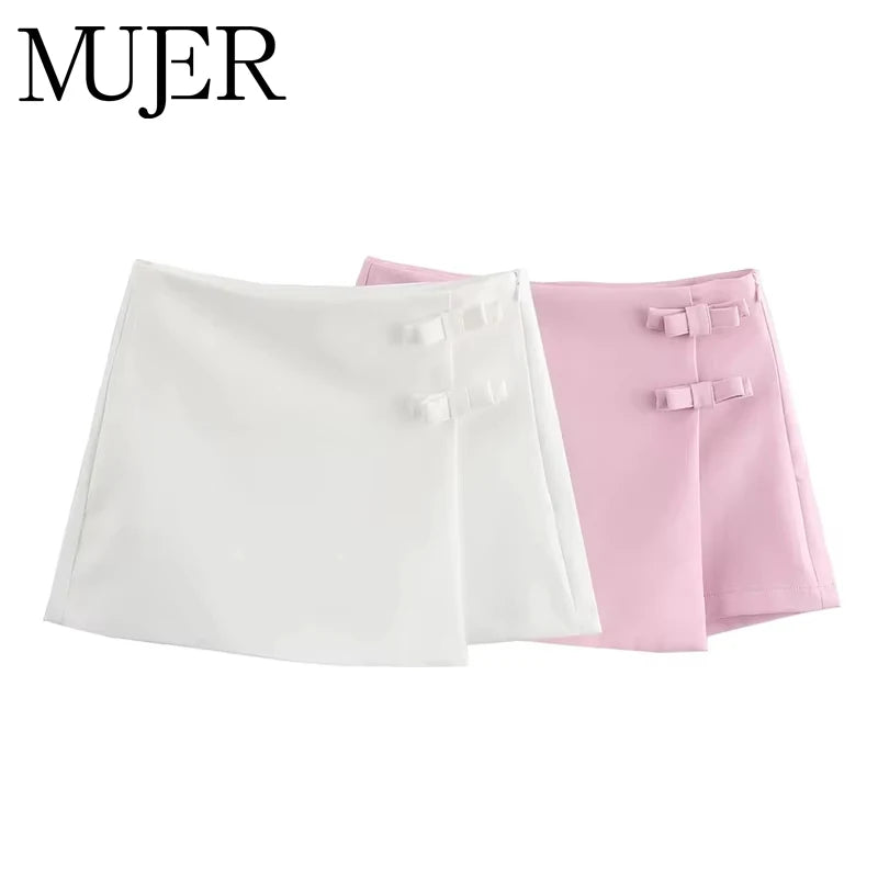 MUJER Pink White Mini Skirt Woman Skort Fashion Bow Skort For Women Summer Slit Short Skirt Woman Split High Waist Skirt Shorts - Matrix-studios.com