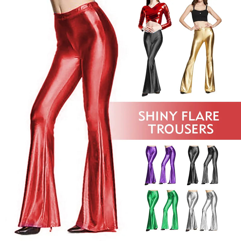 Women Shiny Flare Trousers Metallic Bell Bottoms Ruffle Wide Leg Pants Retro 70s Retro Disco Costume Stage Prom Club Trouser