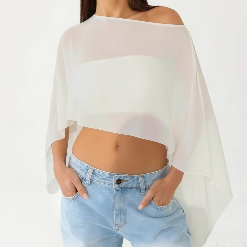 Women Sheer Mesh Poncho Top One Shoulder See Through Cape Blouse Asymmetrical Cover Up Beach Party Shrug Top - Matrix Studios