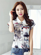 Women Spring Summer Style Chiffon Blouses Shirt Lady Casual Short Sleeve Turn-down Collar Printed Casual Loose Tops DF3548 - Matrix-studios.com