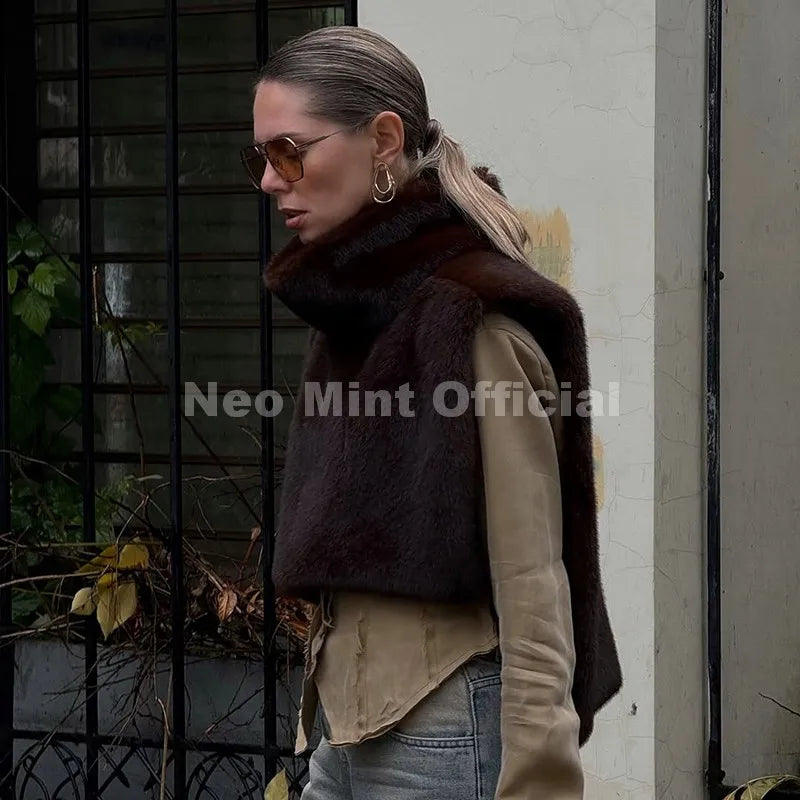 Neo Mint 2025 Brand Fashion Faux Fur Sable Vest Crop Top Autumn Winter Turtleneck Eco Mink Fur Tank Tops Sleeveless Jacket Coat - Matrix Studios