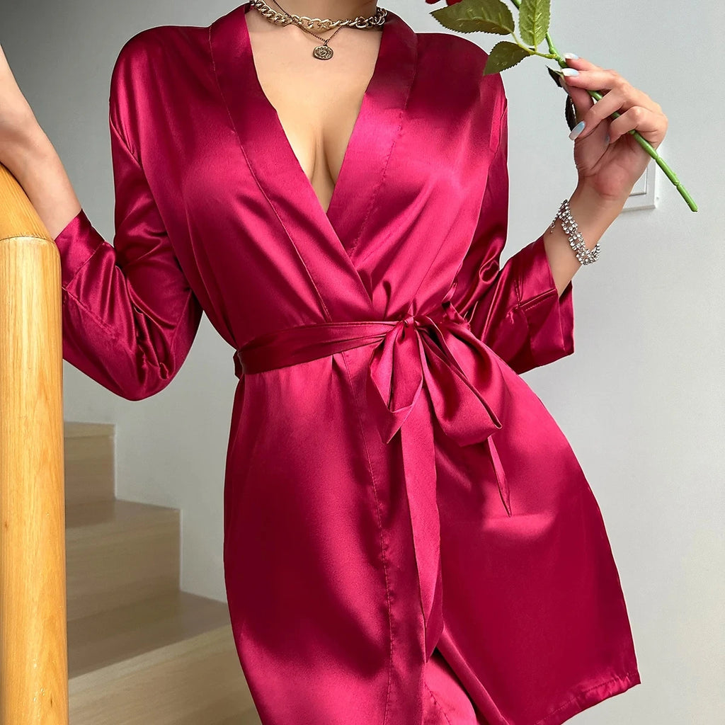 Pajamas women summer European and American ladies lace-up bathrobe sexy morning gown home dress can wear ice silk robe - Matrix-studios.com