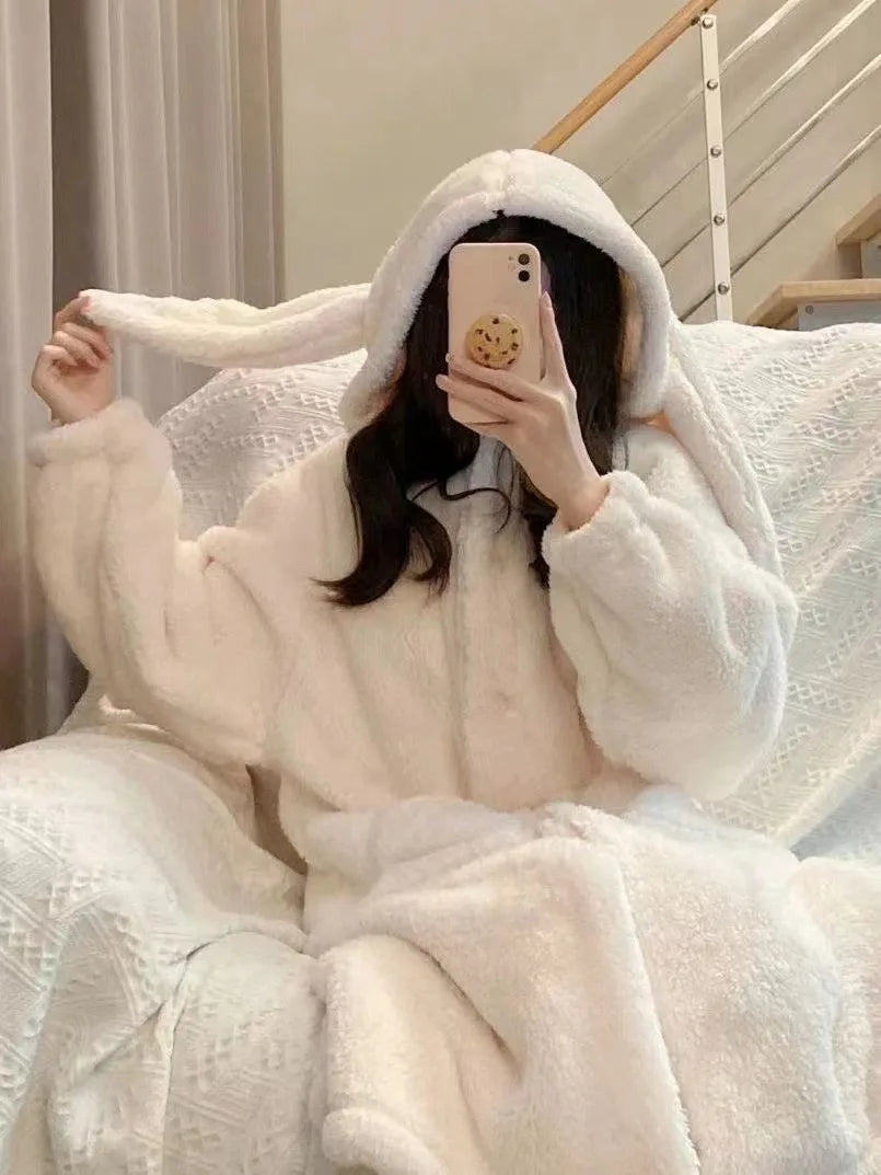 Autumn and Winter Ladies Warm Pajamas Homewear Rabbit Ears Ins Girls Student Pajamas Cartoon New Robe Bathrobe Homewear - Matrix-studios.com
