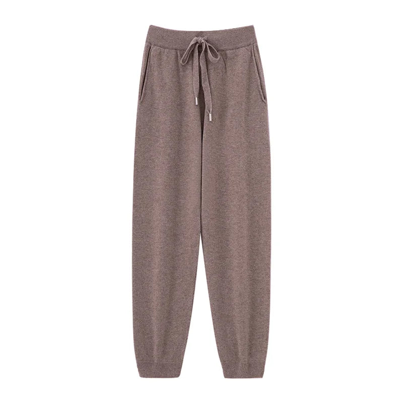 Autumn And Winter New 100% Merino Wool Flat Small Foot Pants Women Loose High Waist Lean Knitted Cashmere Bunched Foot Pants - Matrix-studios.com