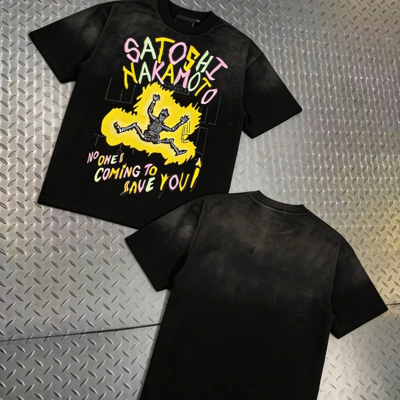 Europe America Trend Street Brand Satoshi Nakamoto T Shirts Colorful Letter Prints Washed Short-sleeved Men Women Loose Top Tee - Matrix-studios.com