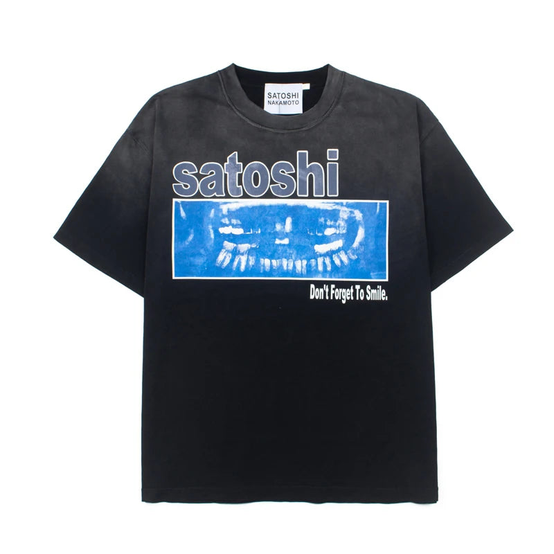 Europe America Trend Street Brand Satoshi Nakamoto T Shirts Colorful Letter Prints Washed Short-sleeved Men Women Loose Top Tee - Matrix-studios.com
