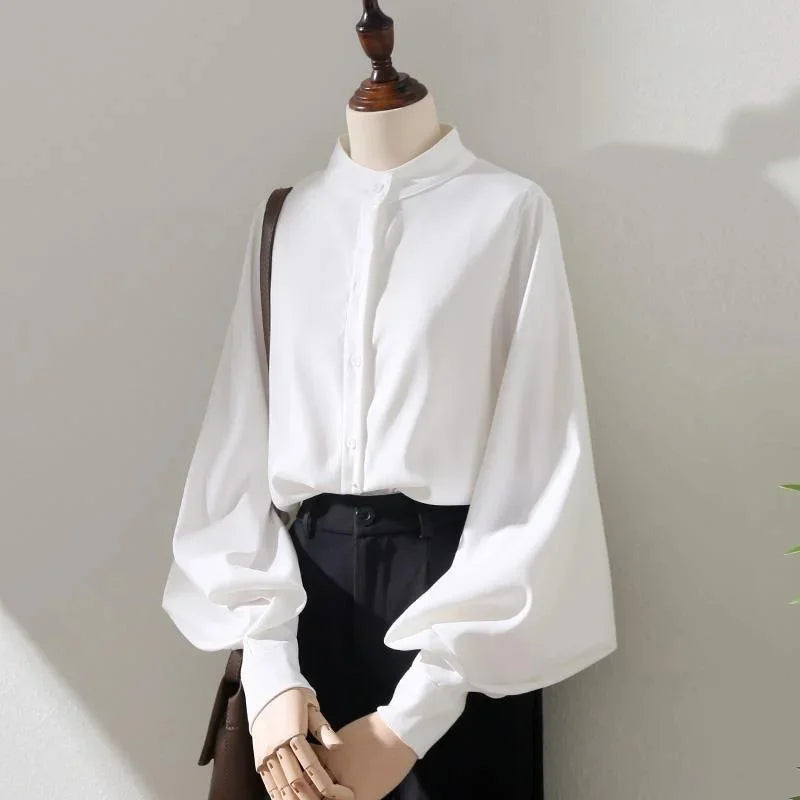 Woman Spring Autumn Style Blouses Shirt Lady Long Lantern Sleeve Stand Collar Loose Blusas Tops - Matrix-studios.com