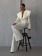 Laur 2026 Oversized Double Layer Lapel Cropped Blazer Two Piece Set High Waist Wide Leg Trousers Elegant Formal Matching Outfit - Matrix-studios.com