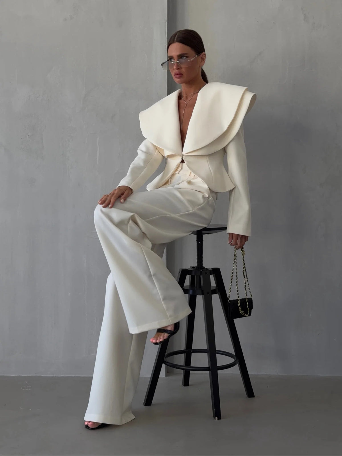 Laur 2026 Oversized Double Layer Lapel Cropped Blazer Two Piece Set High Waist Wide Leg Trousers Elegant Formal Matching Outfit - Matrix-studios.com