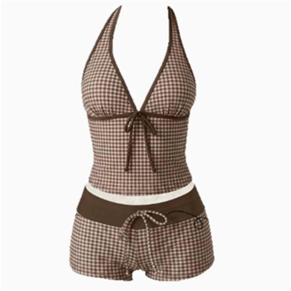 Vintage Color Block Patchwork Bikini Swimsuit Womens Bikinis and Tankinis Backless Knotted Vacation Swimwear Beach Outfit Shorts - Matrix-studios.com