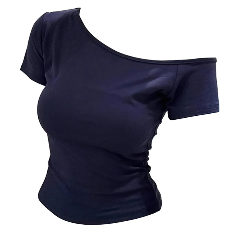 Summer Off shoulder Top Women Slim fit Body Summer  Short sleeve T shirt One shoulder Female Sexy Basic Tees Korean Chic - Matrix-studios.com