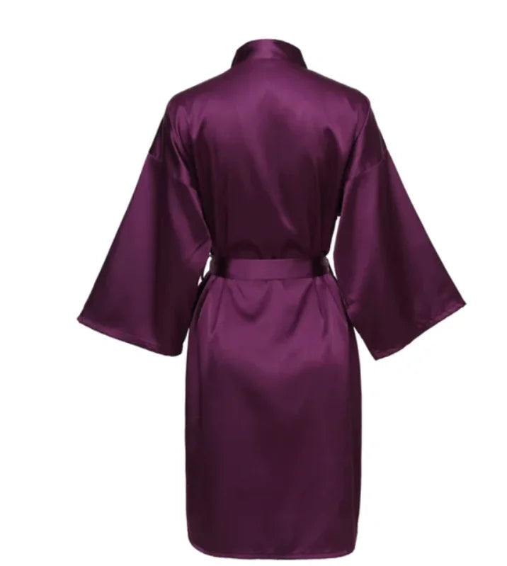 Solid Satin Night Robe, Elegant Half Sleeve V Neck House Robe With Belt, Women's Sleepwear - Matrix-studios.com