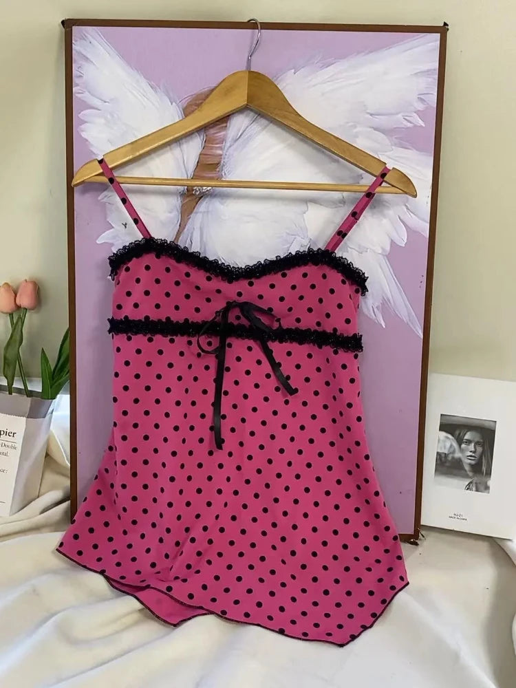 New Autumn Japanese Sweet 2 Piece Set Women Design Pink Polka Dot Strap Y2k Tops +Chic Cardigan Harajuku Fashion Vintage Outfits - Matrix Studios