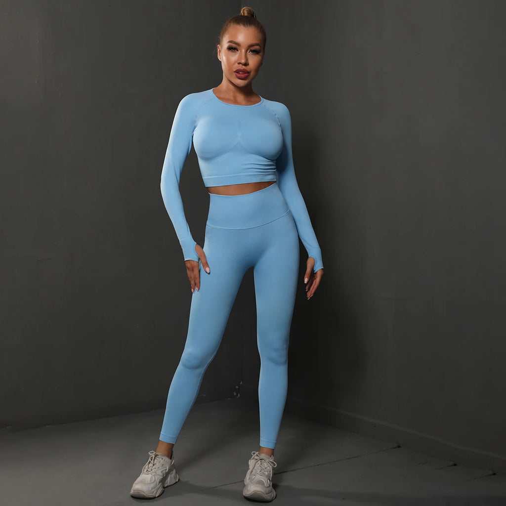 2Pcs Women Sets Energy Seamless Gym Suits Bubble Butt Sports Pants+Long Sleeve Shirts Push Up Running Sets Tracksuits Tights Set - Matrix-studios.com