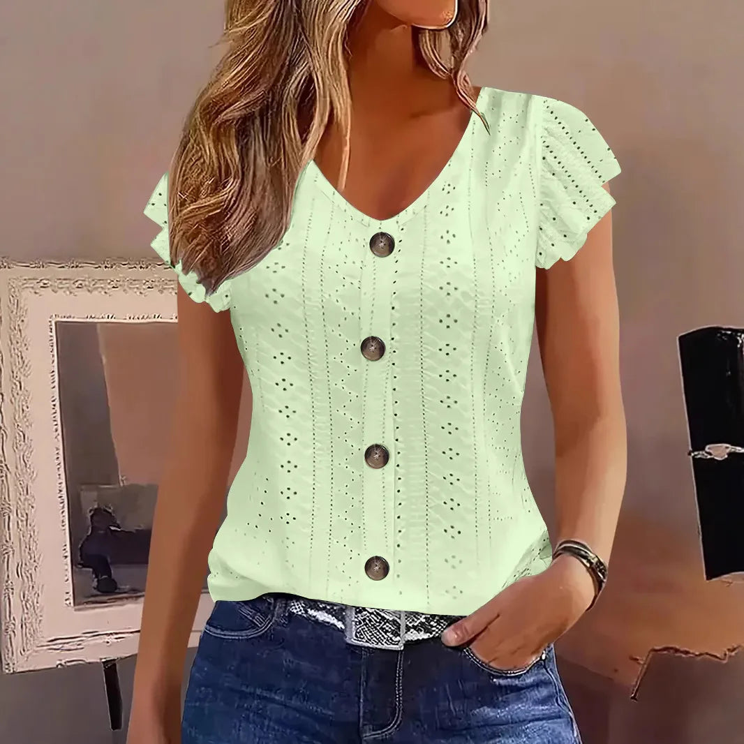 2025 Women's Sexy Tops Casual Solid Color V Neck Short Sleeve Shirts Summer Women's Button Casual Ladies Loose Fashion Blouses - Matrix-studios.com