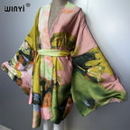 WINYI kimono beach outfits women Swim Suit Cover up boho Cardigan stitch Self Belt Holiday long Sleeve coat holiday kaftan coat - Matrix Studios