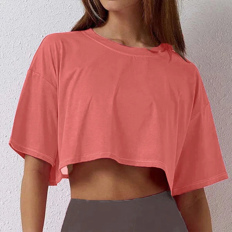Cotton Women Short Sleeve Dance Running Clothes Yoga Fitness Crop Top  Navel Baring New Sport T-shirt Loose Gym Workout Shirts - Matrix-studios.com