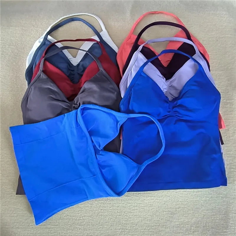 HBC Sexy V Neck Gym Tank Top Longline Strappy Vest Women Seamless Sports Running Tank Top Slim Fit Yoga Padded Workout - Matrix-studios.com