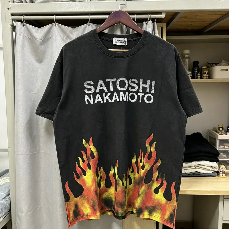 Hiphop Street Flame Print Fading Classic Letter Black Satoshi Nakamoto Tshirts Round Neck Short Sleeve Summer Men Women Top Tee - Matrix-studios.com